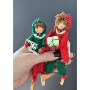 Vtg Lot of 2 Christmas Ornaments Wood Faces Hands Cloth Pipe Cleaner Man Woman